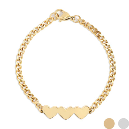 Engravable 3 Hearts on Curb Chain Bracelet - Premium 18K Gold PVD Stainless Steel
