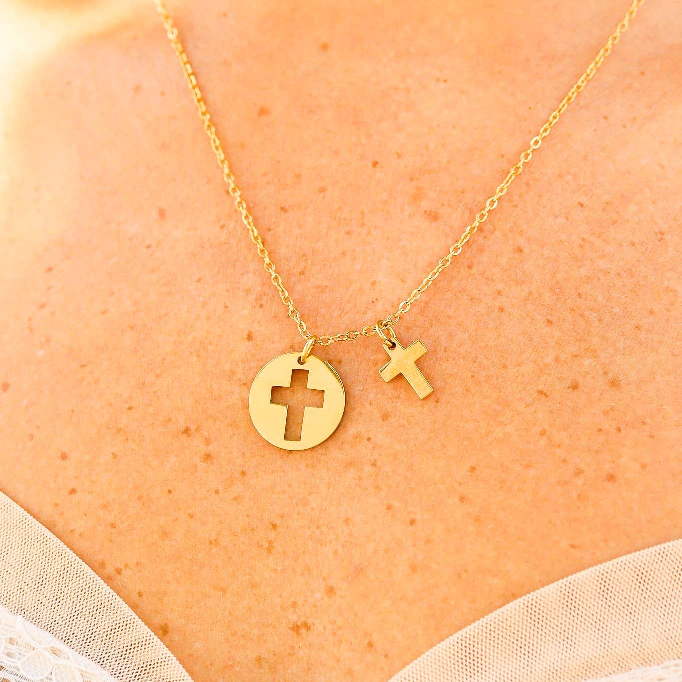 Cutout 2 Piece Cross Necklace - Premium 18K Gold PVD Stainless Steel