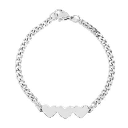 Engravable 3 Hearts on Curb Chain Bracelet - Premium 18K Gold PVD Stainless Steel