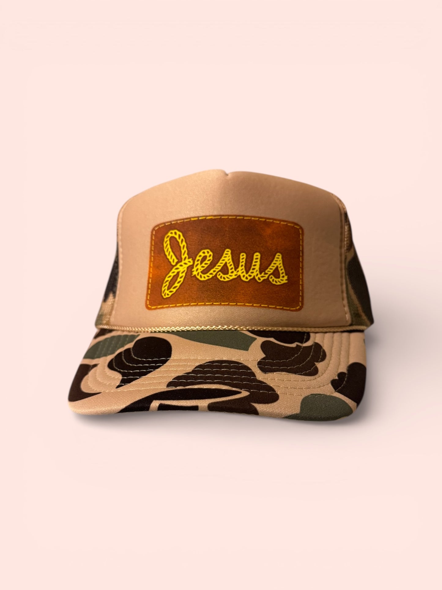 Jesus Faux Leather Patch DTF - Duck Camo and Tan Trucker Hat