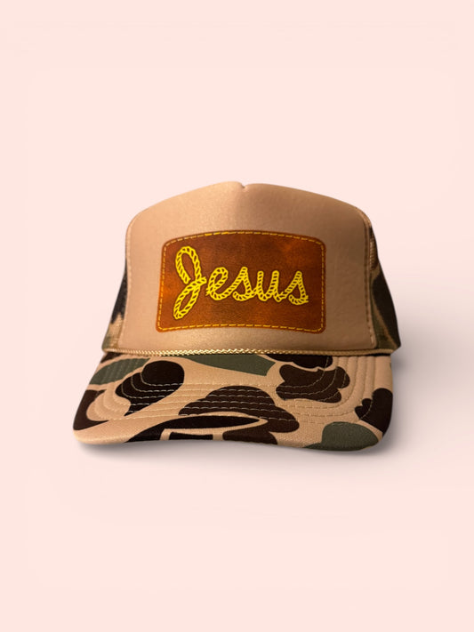 Jesus Faux Leather Patch DTF - Duck Camo and Tan Trucker Hat
